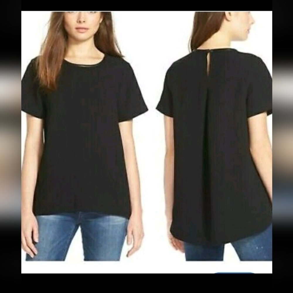 Madewell Womens Black Casual Blouse With Back Pleat Faux Leather Trim Top M